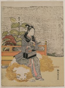 Az ifjúságot reprezentálja Monju, a bölcsesség istene az oroszlánon, c. 1767. alkotó: Suzuki Harunobu