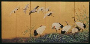 Nádat és darut ábrázoló hatszoros képernyő, Edo-korszak, japán, 19. század (szín aranyozott selyemmel)