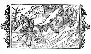 Ló, aki a havon egy medvebőrt húz, amelyen egy finn ül – Olaus Magnus érsek „” De Gentibus septentrionalibus”-jában, Svédország alkotó: Swedish School