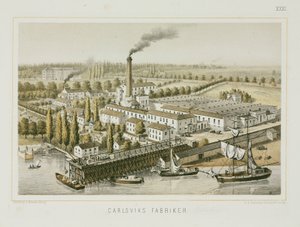 Textilgyár, Carlsviks, Stockholm, Svédország, 1840 körül (színes lito)