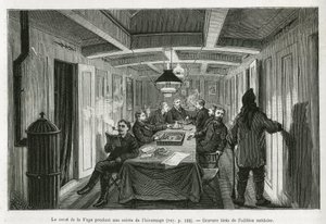 A La Vega tere egy téli estén, és a legénység tevékenységei: olvasás, sakk és backgammon játékok, valamint likőrkóstoló. Metszet a svéd kiadásból, Ni „Utazás de la Vega körül Ázsia és Európa körül” című történetének illusztrálására. alkotó: Swedish School