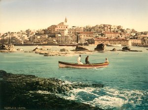 Jaffa kikötője a várossal a háttérben, 1880-1900 körül (photochrom)