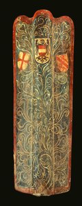 Ritka svájci fapadló, amelyet gesso festett vászon borít, zölden gördülő lombozattal és Habsburg, a Szent György Liga és Winterthur városának pajzsaival, 1445 körül alkotó: Swiss School