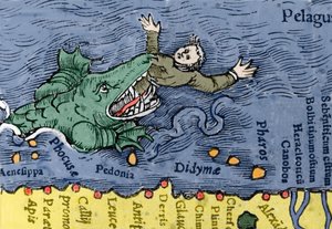 Tengeri szörnyeteg embert eszik, illusztráció Conrad Gesner „Historia Animalium” című könyvéből alkotó: Swiss School