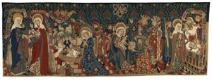 Gobelin hát, amely négy jelenetet ábrázol a Szűz életéből, Bázelből, 1450-75 körül (gyapjú és fehér vászon szálak) alkotó: Swiss School