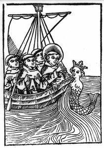 Szent Brendan (Brandan) legendája, a 6. század hőse és ír szentje. Saint Brendan találkozása a Sirene-szel. „” metszet Die Wunderbare Meerfahrt des Hl. Brandan.” Bála alkotó: Swiss School