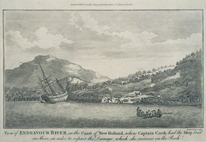 Cook kapitány világkörüli útján hajótörést szenvedett, az Endeavourt a Hope-szigetek egyik kikötőjében megjavították, 1786 körül (metszet)