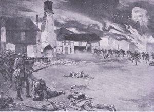 Utcai harcok a francia-német határon: Francia támadás a porosz gárda ellen, a History of the Great War 3. kötetéből, amelyet a Waverley Book Co Limited adott ki, 1920 körül alkotó: Sydney Adamson