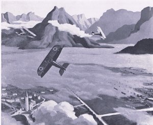 Brit felderítők hagyják el repülőterüket, és járőröznek az olaszországi Asiago-fennsík felett, a Collins által kiadott British Adventure 1947-ben. alkotó: Sydney Carline