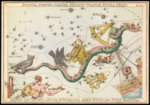 Noctua, Corvus, Crater, Sextans Uraniae, Hydra, Felis, Lupus, Centaurus, Antilia Pnuematica, Argo Navis és Pysix Nautica, 1825 körül (kártya, papír, szövet).