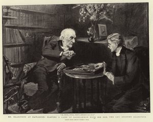 Gladstone úr Hawardenben, backgammonozik fiával, Stephen Gladstone tiszteletessel. alkotó: Sydney Prior Hall