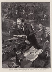 Sir Michael Hicks-Beach, a pénzügyminiszter költségvetési beszédet mond alkotó: Sydney Prior Hall