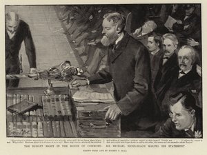 A költségvetési éjszaka az alsóházban, Sir Michael Hicks-Beach nyilatkozatot tesz alkotó: Sydney Prior Hall