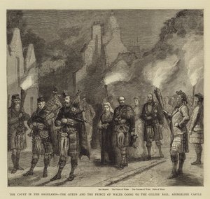Az udvar a Felföldön, a királynő és a walesi herceg a Gillies-bálba, az Abergeldie-kastélyba alkotó: Sydney Prior Hall