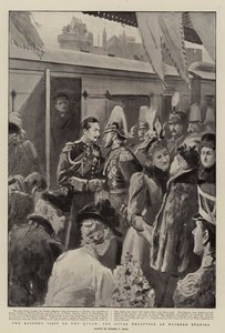 A császár látogatása a királynőnél, a királyi fogadás a windsori állomáson alkotó: Sydney Prior Hall