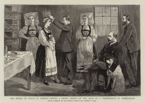 A walesi herceg Norvégiában, menyasszonyi koronával próbálkozik egy várólány fején Vossevangenben alkotó: Sydney Prior Hall