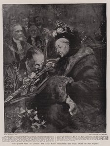 A királynő látogatása Londonban, a Lord Mayor átadja az Állami Kardot Őfelségének alkotó: Sydney Prior Hall
