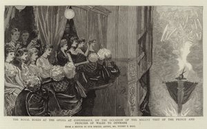 A királyi páholyok a koppenhágai operában, a walesi herceg és hercegnő közelmúltbeli dániai látogatása alkalmából alkotó: Sydney Prior Hall
