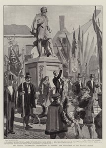Az antwerpeni Vandyck-tercentenáriumi ünnepségek, a mester szobrának díszítése alkotó: Sydney Prior Hall