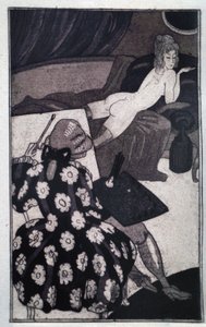Erotika: Giacomo Casanova (1725-1798), aki megnyúlt szeretőjét nyűgösen meztelenül ábrázolja a kanapén (rézkarc)