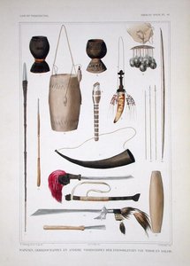 Fegyverek és rituális tárgyak Timorból, Coenraad Jacob Temminck „Beszédek a holland tengerentúli birtokok természetrajzáról” I. kötetből, Salomon Muller metszet, 1839-44 (színes litho) alkotó: T.C. (after) Bruining