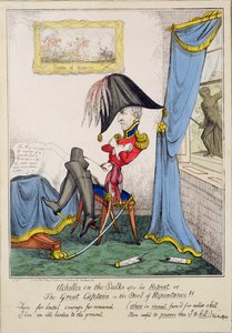 „Achilles in the Sulks visszavonulása után vagy, A nagy kapitány a bűnbánat zsámolyán”, pub. G. Humphrey, 1827. május 7. (színes metszet) alkotó: T. Jones