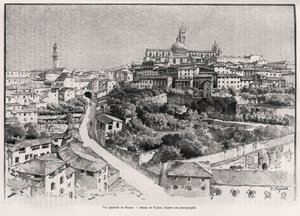 Siena (Olaszország) általános képe. Taylor metszete Eugene Muntz (1845-1902) „A travers la Toscane” című történetének illusztrálására, a Le tour du Monde 1892-ben, rendezte Edouard Charton (1807-1891), Hachette, Párizs. alkotó: T Taylor