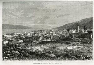 Tiberiade (Izrael) általános képe. Taylor metszete a mai Szíria történetének illusztrálására, M. Lortet, a Lyoni Orvostudományi Kar dékánja által, akit a Közoktatási Minisztérium tudományos küldetéssel megbízott, a Tour du monde-ban megjelent. alkotó: T Taylor