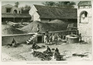 A Maurel és Prom gyárban, Boulamban földimogyorót, pálmamandulát és gumit válogatnak össze és dolgoznak fel. Taylor metszet, fénykép után, A. Brosselard kapitány 1888-as Voyage dans la Senegambie et la Guinee portuguese történetének illusztrálására,