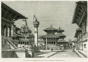 A Patan királyi palota helye (jelen Lalitpur). Taylor metszete az Utazás a nepáliban című történet illusztrálására, Dr. Gustave Le Bon (1841-1931), in le tour du monde 1886, rendező: Edouard Charton (1807-1890), Hachette, Párizs.