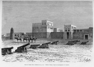 Sheikh Aissa palota Bahreinben, Csádban. Taylor metszete az A Suse, journal des excavilles című történet illusztrálására