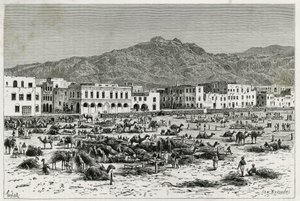 Áden (Jemen) menete. Taylor metszet, a „” Utazás Benadirba, Szomáliba és Bayounba” című történet illusztrálására, 1882-1883, M.G.Revoil. Megjelent a Le Tour du monde, nouveau Journal des voyages folyóiratban