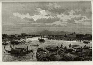 Kilátás Hue-ra (Vietnam), a Song Huong folyón történő navigáció leírásával és a Thien Mu pagodával, a falak mögött. Taylor metszete Dr. Charles Edouard Hocquard (1853-1911) „Trente mois au Tonkin” című történetének illusztrálására, 1885-ben,