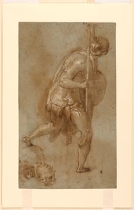 Soldier Running: Tanulmány a bal előtérben lévő alakhoz, "Krisztus árulása", Róma, S. Maria della Consolazione, Matttei-kápolna; Külön tanulmányok két fejről alkotó: Taddeo Zuccaro