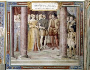 Orazio Farnese és Diana, a francia Henrik (1519-59) lánya házassága a „Sala dei Fasti Farnese”-ból (Farnese tündöklésének terme) 1557-66 (freskó)