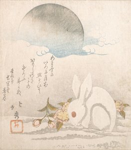 Hold, fehér nyúl a hóban, valószínűleg 1819. alkotó: Taisosai Hokushu