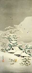 Havas jelenet Sawatariban a Joshu kerületben, 1930 körül, Takahashi Shotei (1871-1945), o-tanzaku alakú fametszet, 38,1 x 17,1 cm, japán civilizáció, Meiji-Showa időszak alkotó: Takahashi Shotei