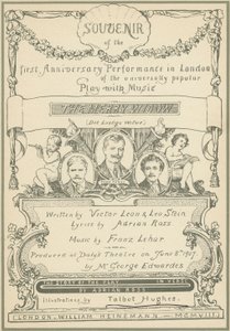 A víg özvegy első londoni jubileumi előadásának szuvenírjének címlapja (színes litó) alkotó: Talbot Hughes