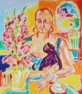 Önarckép lila macskával Max Beckmann nyomán, olaj, vászon, 2024
