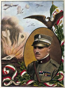 Allegória Francesco Baracca őrnagyról (1888-1918) az olasz légierő hőseiről, akik 1918-ban csatában haltak meg. Tancredi Scarpelli rajza. milánói . alkotó: Tancredi Scarpelli