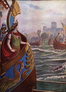 Ókori, római polgárháború: VII. Kleopátra egyiptomi királynő, Thea Philopator (Kr. e. 69-30) az Actiumi csatában az Ambracic-öbölben Kr.e. 31. szeptember 2-án az Actium oktáv flotta ellen, alkotó: Tancredi Scarpelli