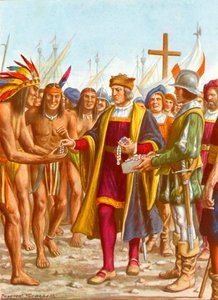 Columbus San Salvadorban gyöngyöket osztogat a bennszülötteknek alkotó: Tancredi Scarpelli