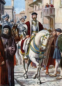 A toszkánai Cosimo (Gyere) I (Cosimo de Medici) (1519-1574) portréja Firenze utcáin keringett, és körülvette spanyol és német katonákból álló milíciájának tagjait (I de Medici Cosimo, Toszkána nagyhercegének portréja , védett alkotó: Tancredi Scarpelli