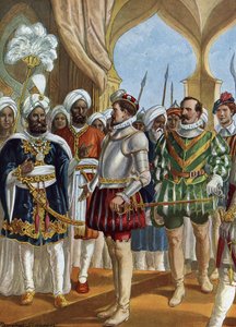 Pedro Alvares Cabral (1460-1526) portugál navigátor Calicut (Kozhikode) királyának (Zamorin) udvarában 1500.09.13-án, hogy tárgyaljon egy pult létrehozásáról, Indiában (Pedro Alvares Cabral portugál navigátor tárgyal a zamorinokkal Cali alkotó: Tancredi Scarpelli