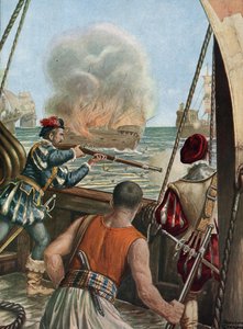 Második indiai expedíció (1502-1503) „” Tengeri csata a vasco de Gama és a kalicuti portugál flotta között, a portugálok kilőtték a Mekkából hazatérő Miri muszlim hajót, 1502. 10. 03.” (második út Vasco de Gama (1502-1503) alkotó: Tancredi Scarpelli