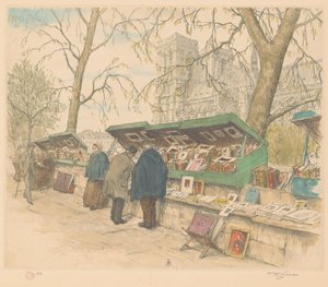 Könyves standok a Quai de Montebello-n, a Notre-Dame a háttérben alkotó: Tavík František Šimon (signed by artist)