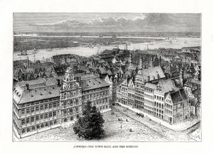 Városháza és Schelde folyó, Antwerpen, Belgium, 1879