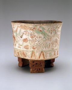 Állványváza két fújtatóval és Quetzal madarakkal a kakaófákban, késői Xolalpan, 550-650 (festett stukkós cserépedény) alkotó: Teotihuacan Teotihuacan