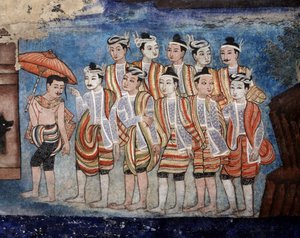 Thai yai (shan) férfiak egy csoportja, Viharn falfestményeinek részlete, amely a Sang Thong Tales-t ábrázolja (falfestmény) alkotó: Thai School