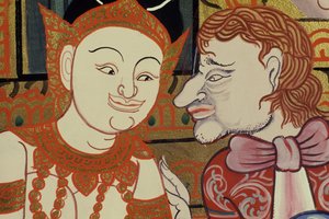 Klasszikus stílusú kortárs festészet thai és nyugati emberekkel (wc és arany papíron) alkotó: Thai School